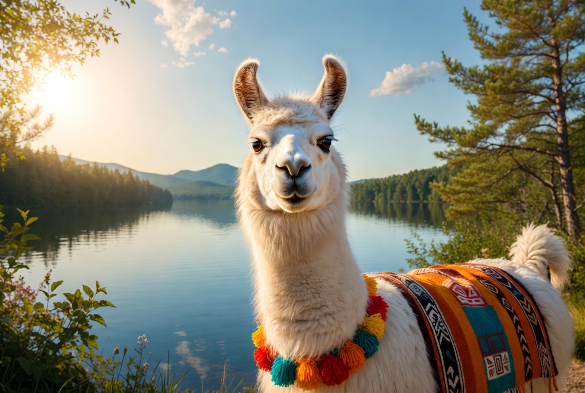 A white llama with a Peruvian textile blanket and pom pom necklace by a Lake Country lake at golden hour